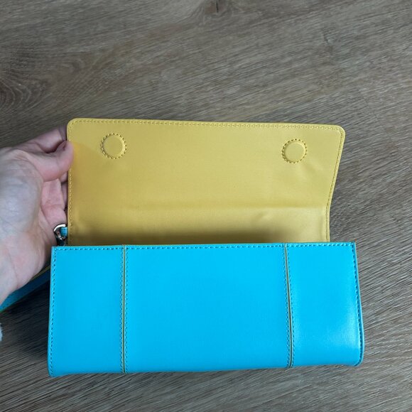 NWT BAEKGAARD Genuine Leather Trifold Wristlet Turquoise Lemon Trim NEW - Picture 5 of 6